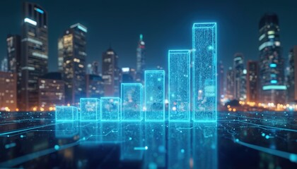 Poster - Tech driven business dynamics over digital backdrop with rising neon chart bars. Cityscape skyline at night, futuristic connection, communication tech, modern innovation, growth analysis, global