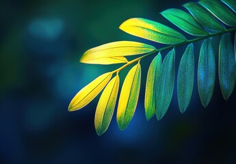 Poster - Delicate Green Leaf with Sunlight Highlights Against a Dark Blue Background for Nature and Botanical Photography Projects
