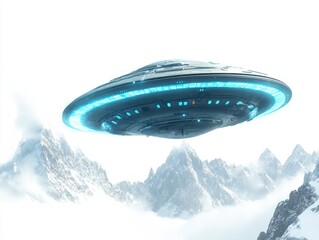 ufo hovering over snowy mountains, science fiction backdrop