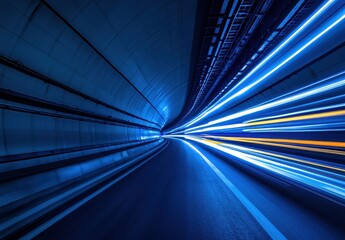 Poster - Dynamic Blue Tunnel with Vibrant Light Trails Illustrating Speed and Motion in Urban Infrastructure and Technology Environment