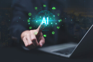 Fototapete -  Business data using AI technology background using computer customer service showing data connection storing various data with AI to help simplify documents
