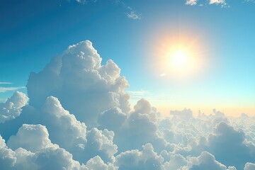 expansive view of fluffy clouds under a bright sun in a clear blue sky, evoking tranquility