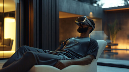 Man Relaxing in Modern Home Using VR Headset