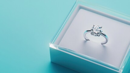  engagement ring in the bottom right corner, resting on top of a white paper inside a glass display case, all set against a soft blue background.