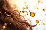 Brown wavy hair with molecular argan oil structure. Cosmetic essential serum, shampoo milk lotion advertisement. Argan supplement treatment, hair care therapy. Nourishing vitamins for beauty, health.