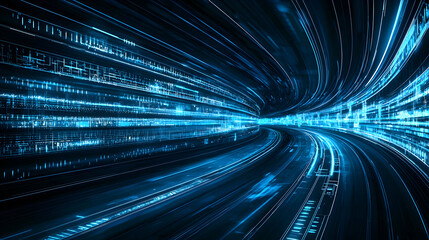 Poster - Abstract Digital Tunnel With Blue Lights And Flowing Lines Representing Data And Information