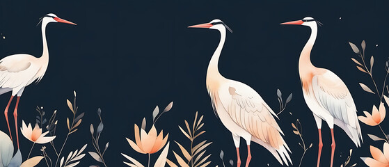 Naklejka na meble Watercolor Painting of Three Herons among Floral Plants on Dark Background