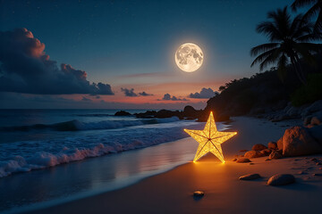 Wall Mural - magical moonlit beach scene with glowing star decoration at sunset background