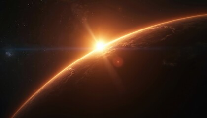 Wall Mural - Planet Earth sunset or dawn from space. Silhouette earth in sun rays against background of stars, galaxies. Futuristic sunrise over globe, solar activity over continents.