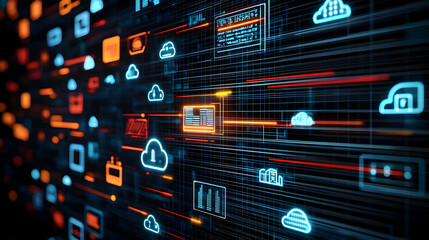 Poster - Abstract Digital Technology Network Background With Blue And Orange Glowing Icons And Lines