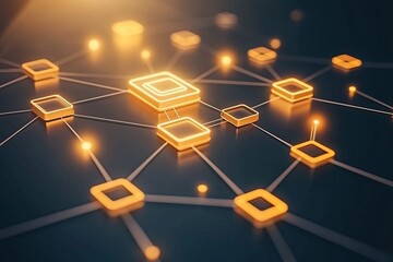 Poster - a network of squares and lines with a yellow square in the middle. network with blocks and connectio