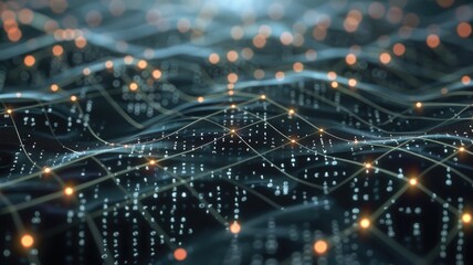 Poster - This abstract image showcases a dynamic visualization of data parameters, featuring flowing lines and luminous nodes that represent complex information networks.