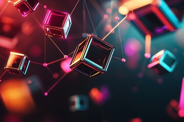 Poster - a bunch of cubes are floating in the air. network with blocks and connections on a dark background, 
