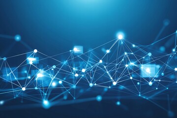 Poster - a blue background with many lines and dots. network with blocks and connections on a dark background