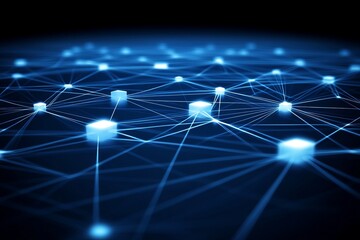 Poster - a blue background with many lines and dots. network with blocks and connections on a dark background