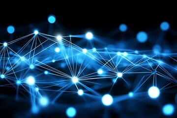 Poster - a blue background with many small blue dots. network with blocks and connections on a dark backgroun