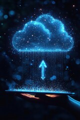 Poster - Glowing cloud icon above tablet symbolizing data transfer and cloud computing