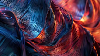 Poster - Abstract flowing waves with vibrant red and blue hues. Digital artwork of fabric pattern flowing with vibrant black and red gradient color. Motion shot of wave with red nd blue gradient color. AIG51.