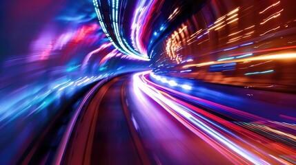 Poster - A captivating display of dynamic light trails showcasing vivid colors in motion. This abstract image captures the essence of speed and energy in an urban environment.