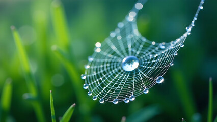 Beautiful natural background with necklace of water droplets on a cobweb in grass in spring of summer in blue tones. Texture Dew drops on a spider web in nature close-up macro with soft focus. new fal