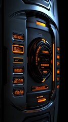 Poster - Futuristic Control Panel with Glowing Orange Elements and Digital Readouts for Sci-Fi Theme