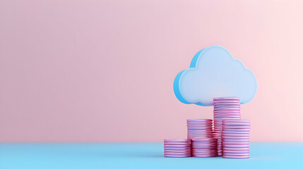 Poster - Digital Cloud Symbol Floating Above Stacks of Pink Coins On Blue Surface Against Pink Background