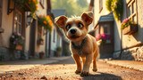 Cute Dog Exploring a Charming Town