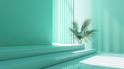 Poster - Tropical leaves frame with mint green background. Background image of green tropical leaves with minimal style. Digital image for botanical and summer design. Relaxation and building design. AIG51.