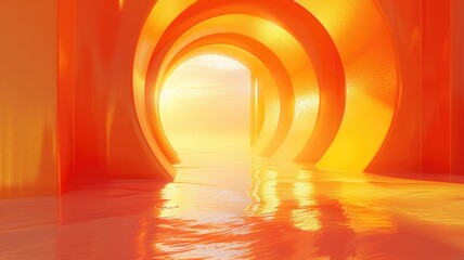 Poster - This abstract image depicts a distorted view of a cylinder, illuminated with warm orange tones. The smooth reflections on the water create a serene and vibrant atmosphere.