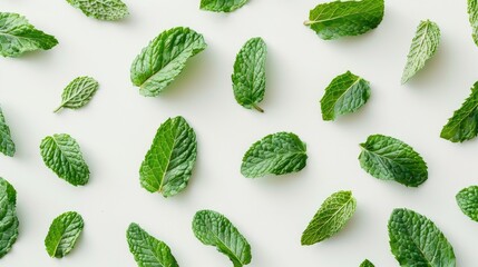 Poster - Tropical leaves frame with mint green with white background. Macro photography of green leaves placed on white background with various pattern. Digital image for botanical and summer design. AIG51.