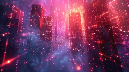 Poster - abstract digital waves with pink and blue glowing particles. digital artwork of digital wave connect