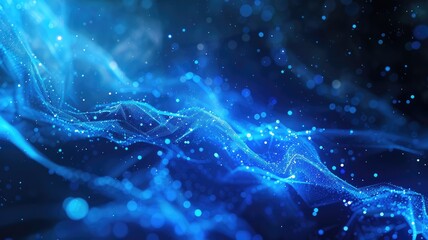 Poster - A smooth of abstract representation of blue light waves and particles against on dark background in flowing lines creating movement and fluidity offering calming visual effect modern ethereal. AIG53.