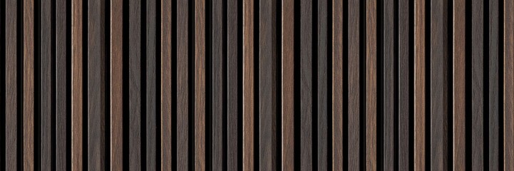 Poster - Dark wood background banner panorama long - Brown wooden acoustic panels wall texture , seamless pattern, vertical