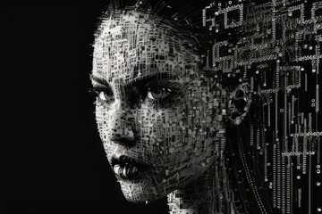 Poster - Digital portrait of a person with pixelated texture on a green background. Human or human robotic looking at camera or staring at camera made from pixel connecting together at black background. AIG51.