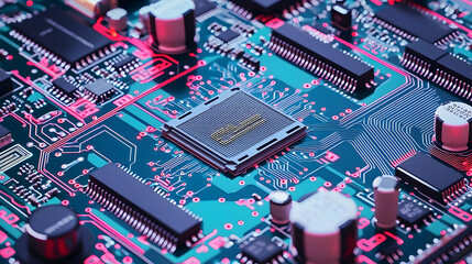 Poster - Detailed Macro Shot of a Blue and Red Electronic Circuit Board Highlighting Technological Components
