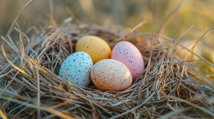 speckled easter eggs in a rustic bird nest springtime hay pink blue cute white brown macro image