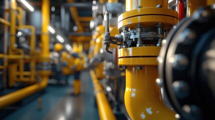 Poster - Industrial energy technology with vibrant yellow pipes, valves, and machinery in a modern rig environment showcasing advanced engineering concepts and innovations.