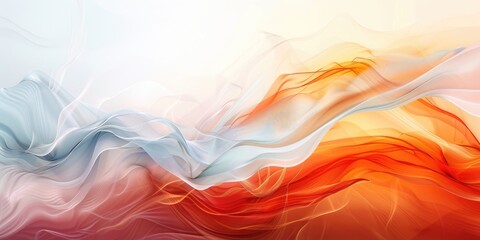 Poster - Flowing transparent fabric in blue, white, and orange hues. Digital image with fluid motion. Design for wallpaper, poster, and banner. Watercolor wave texture. Abstract decoration concept. AIG51.