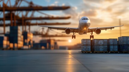 Poster - Air Freight Services in Logistics and Transportation at Sunset with a Cargo Plane Arriving at a Shipping Port with Containers in Background