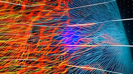 Poster - Light trails create an abstract grid pattern on a dark background at night, light trails moving on grid over dark background