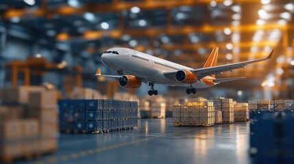 Poster - Airplane in Warehouse Environment with Cargo Boxes Showcasing Modern Freight Logistics and Transportation Concept
