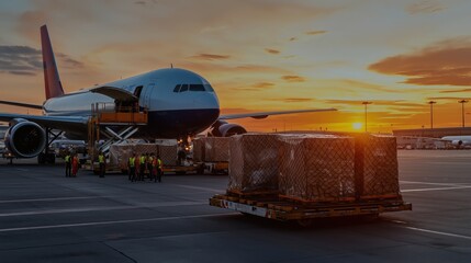 Poster - Freight Transportation in the Logistics Industry: Air Cargo Operations at Sunset Featuring Unloading of Cargo from Airplane