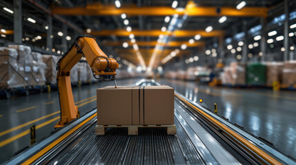 Poster - Advanced Logistic Concept in Freight Industry Featuring an Automated Robot Arm Handling Packaging in a Modern Warehouse Environment