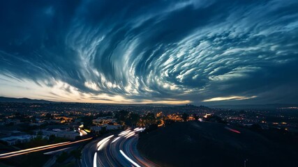 Poster - Flowing clouds swirl dramatically over a cityscape at twilight, Time lapse of clouds moving in the sky and mist flowing in the mountains
