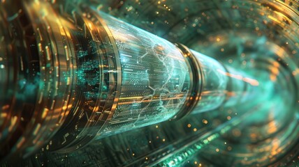 Poster - This image presents a futuristic concept of a quantum accelerator, showcasing intricate electronic patterns and dynamic movements that symbolize advanced technology and scientific exploration.