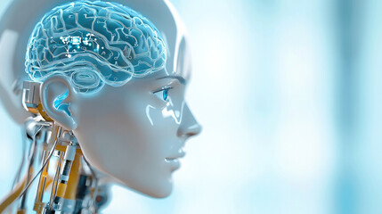 Aufkleber - futuristic robot with transparent head showcasing glowing brain, symbolizing advanced technology and artificial intelligence