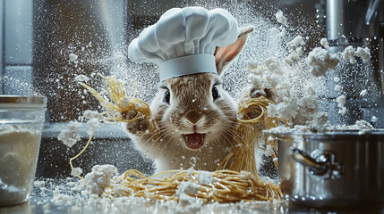 playful bunny chef in a floury kitchen making pasta cook food cute meal funny chaos white brown imag
