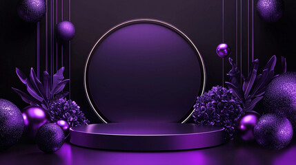 Poster - Elegant purple product display with geometric shapes and flowers 3d dark scene decor style studio