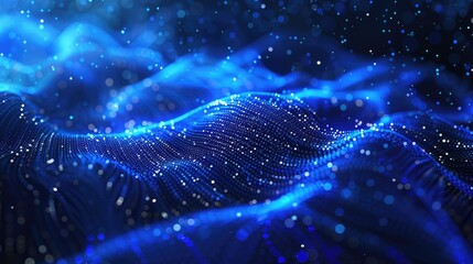 Poster - This abstract image features a mesmerizing blue wave with sparkling dots and flowing lines, creating a sense of depth and motion in a digital environment.