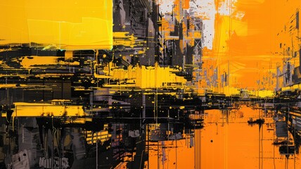 Poster - This vibrant abstract painting features a dynamic blend of yellows and blacks, creating a striking visual impact. Ideal for artistic spaces or modern decor.
